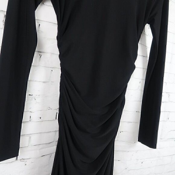 KAMALI KULTURE BLACK LONG SLEEVE RUCHED SIDES MIDI BLACK TIE COCKTAIL DRESS - Picture 5 of 9